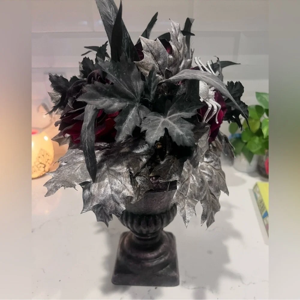 Gothic Vampire Black Red Floral Feather Rose Vase Arrangement